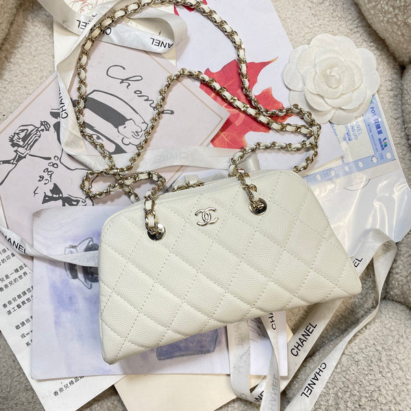 CC 26P Bowling Bag Chain Strap 19.5cn White Caviar Cowhide GHW