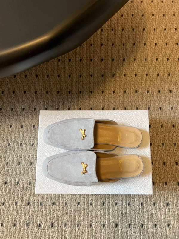 CD Baby Bow Mules Gold Bow Light Grey Suede 858669