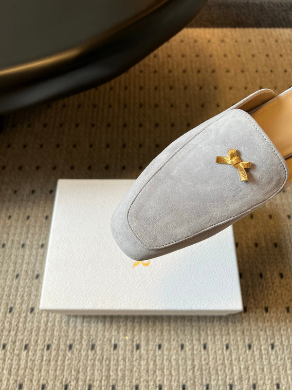 CD Baby Bow Mules Gold Bow Light Grey Suede 858669