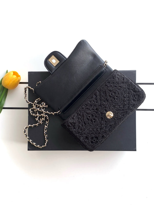 CC 26P Crochet Flap Bag Chain Strap 21cm Black Tweed 292260