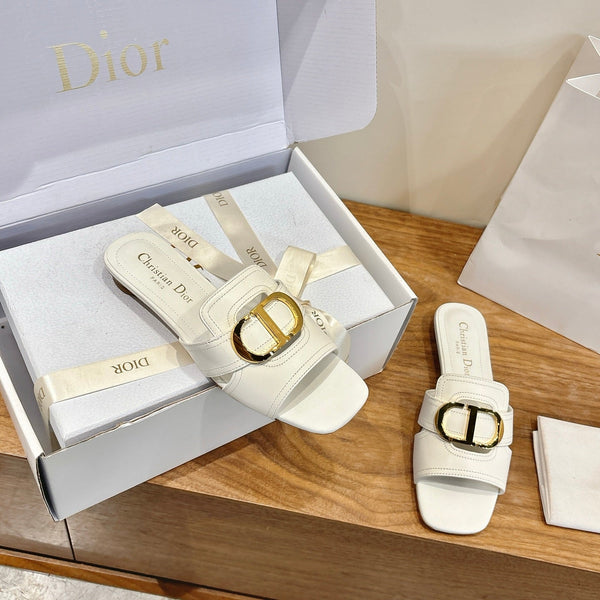 CD Montaigne Slides Buckle White Calfskin Leather 862367