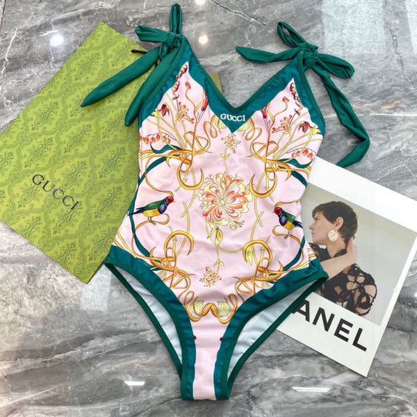 GG Floral & Bird Print Swimsuit and Sarong Set Pink Green 330762
