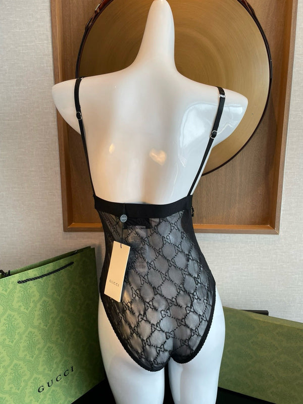 GG Embroidered Logo One-Piece Swimsuit Pale Black 330781