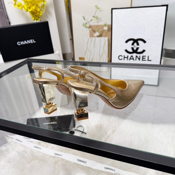 CC Pointed Toe Slingback Pumps 9cm Gold Metallic Patent Cowhide 872876