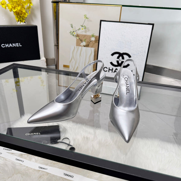 CC Pointed Toe Slingback Pumps 9cm Silver Patent Cowhide 872873