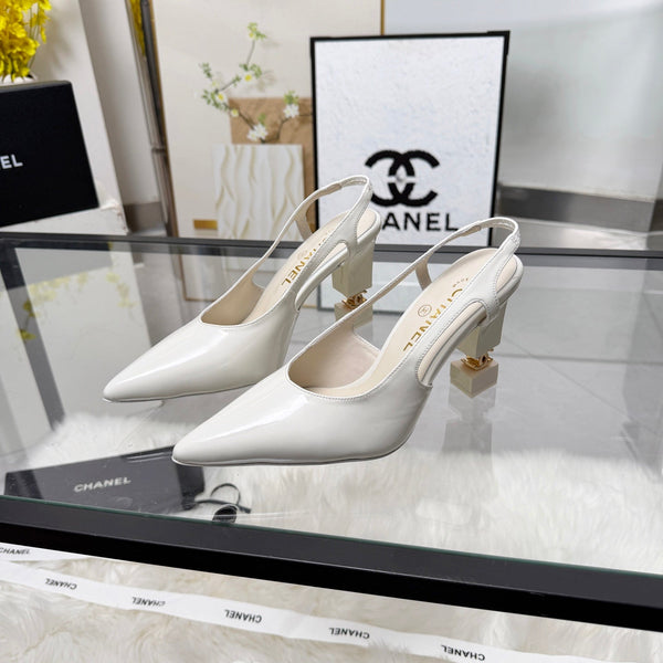 CC Pointed Toe Slingback Pumps 9cm White Patent Cowhide 872871