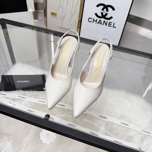 CC Pointed Toe Slingback Pumps 9cm White Patent Cowhide 872871
