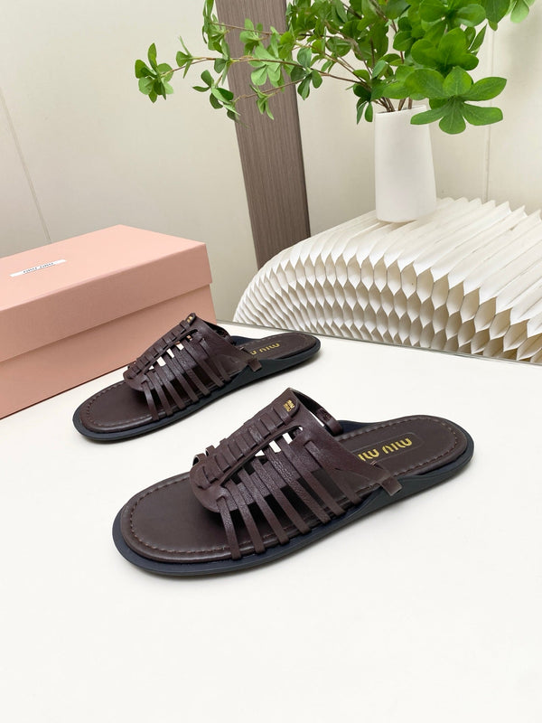 Miu Briarwood Slides Chocolate Cowhide Leather 881414