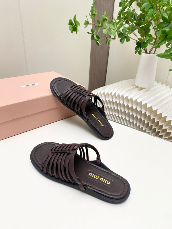 Miu Briarwood Slides Chocolate Cowhide Leather 881414