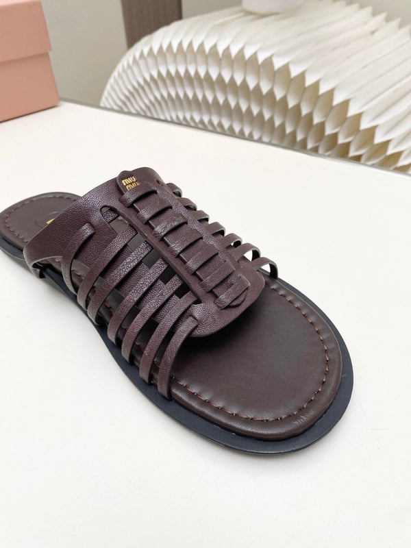 Miu Briarwood Slides Chocolate Cowhide Leather 881414