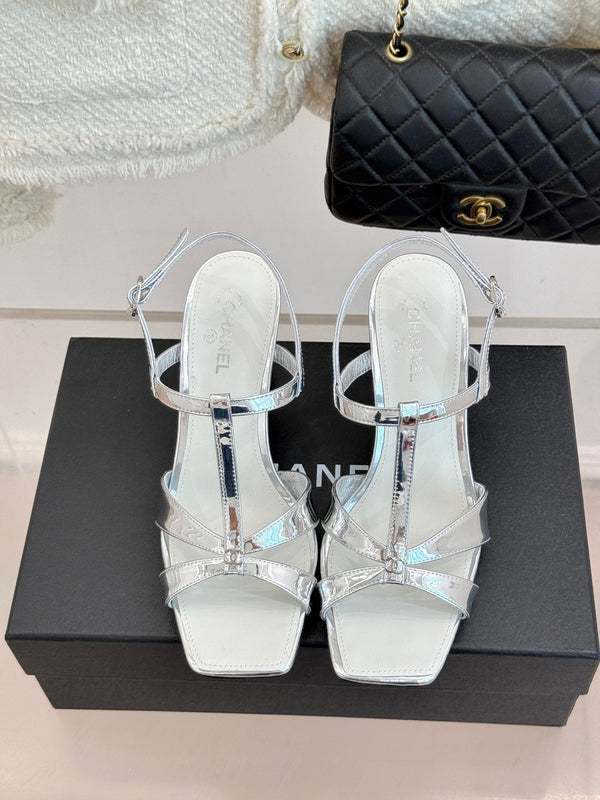 CC 26A Strappy Stiletto Sandals Silver Patent Leather 878665