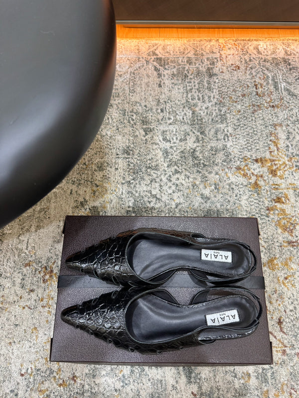Alaia Snake Print Cutout Slingback Flats Black Cowhide Leather 881558
