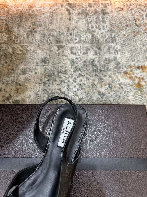 Alaia Snake Print Cutout Slingback Flats Black Cowhide Leather 881558