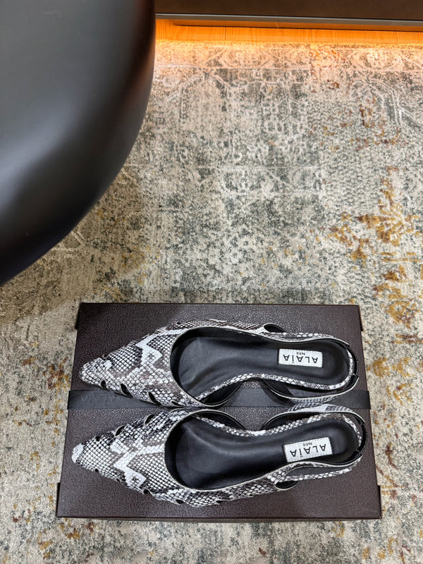 Alaia Snake Print Cutout Slingback Flats Grey Cowhide Leather 881557
