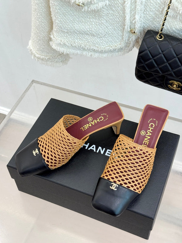 CC Woven Square-Toe Mules Tan Black Leather 887979