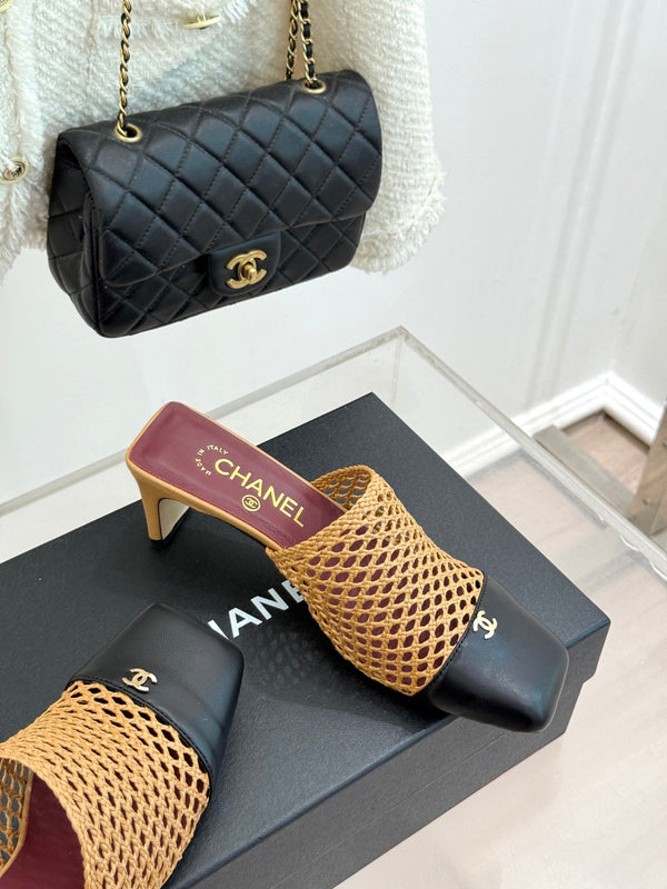 CC Woven Square-Toe Mules Tan Black Leather 887979