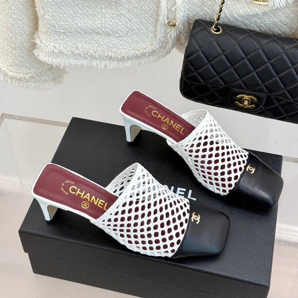 CC Woven Square-Toe Mules White Black Leather 887976