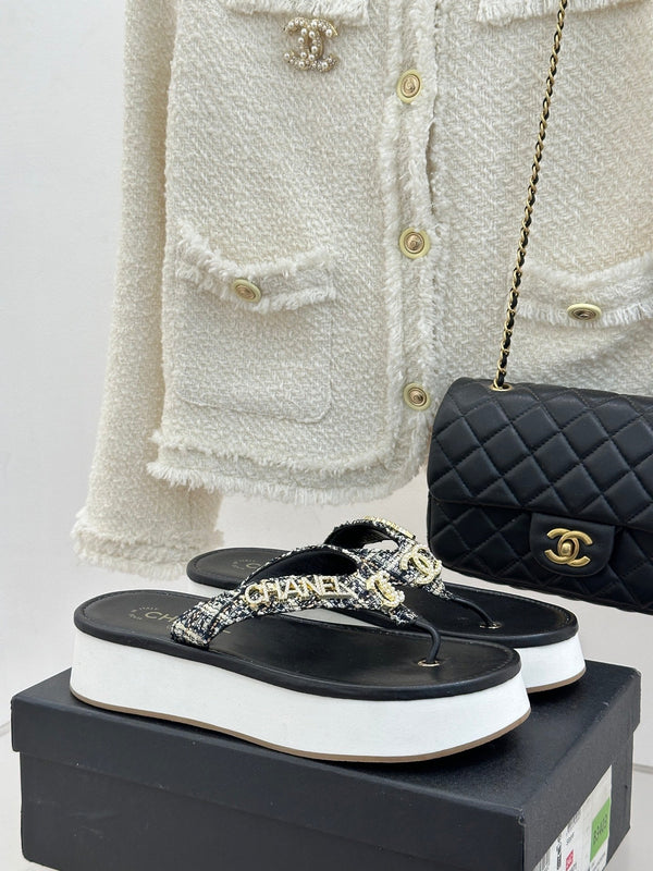 CC Crystal Logo Platform Thong Sandals Black Tweed 887786
