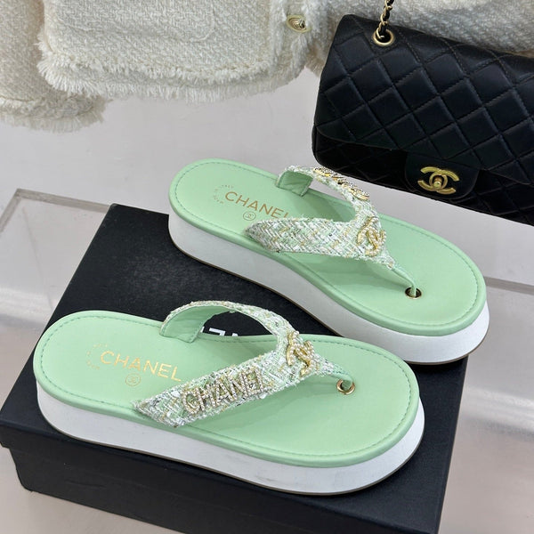CC Crystal Logo Platform Thong Sandals Lime Green Tweed 887784