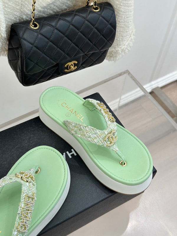 CC Crystal Logo Platform Thong Sandals Lime Green Tweed 887784