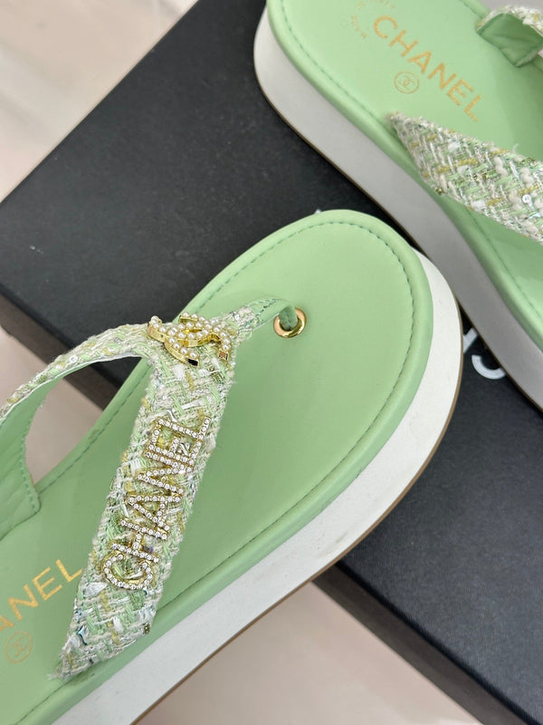 CC Crystal Logo Platform Thong Sandals Lime Green Tweed 887784