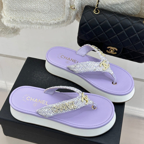 CC Crystal Logo Platform Thong Sandals Purple Tweed 887783