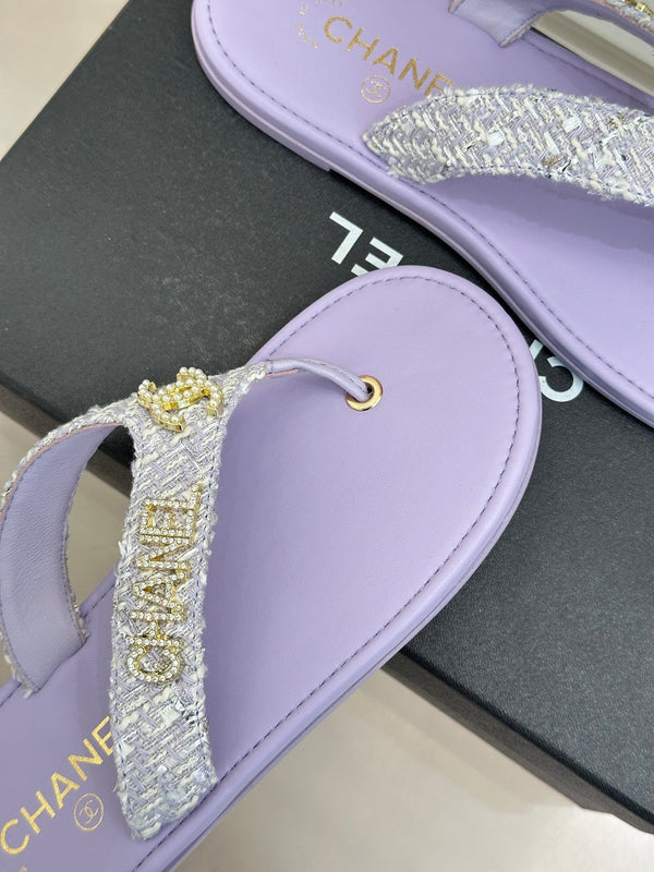 CC Crystal Logo Platform Thong Sandals Flat Purple Tweed 887776