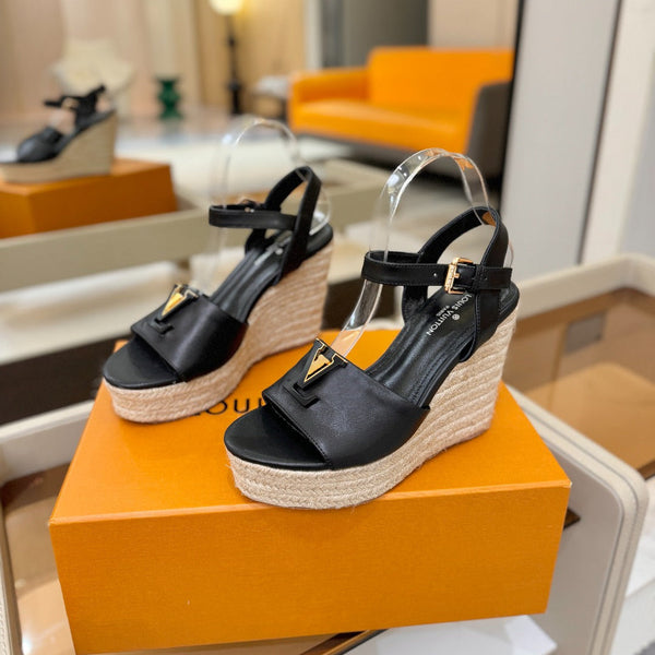 LV Platform Espadrille Wedge Sandals Black Cowhide Leather 888650