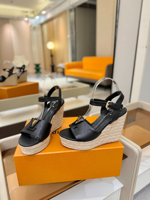LV Platform Espadrille Wedge Sandals Black Cowhide Leather 888650