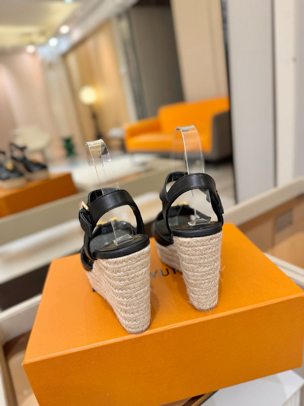LV Platform Espadrille Wedge Sandals Black Cowhide Leather 888650