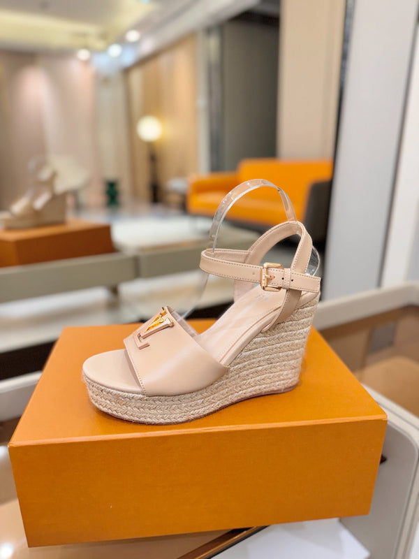 LV Platform Espadrille Wedge Sandals Beige Cowhide Leather 888649