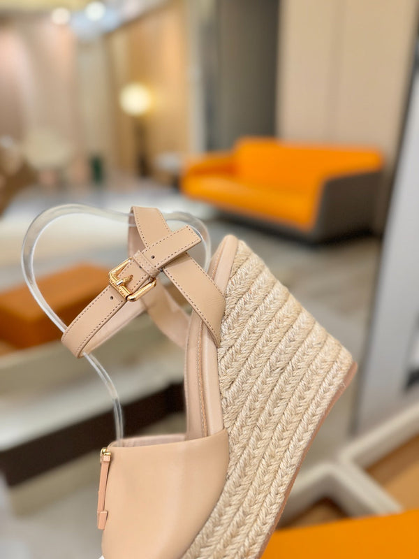 LV Platform Espadrille Wedge Sandals Beige Cowhide Leather 888649