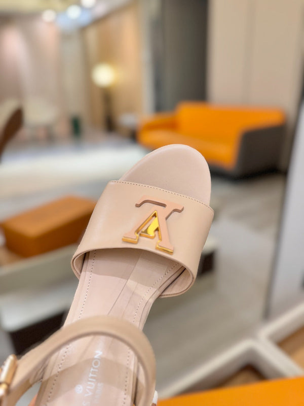 LV Platform Espadrille Wedge Sandals Beige Cowhide Leather 888649