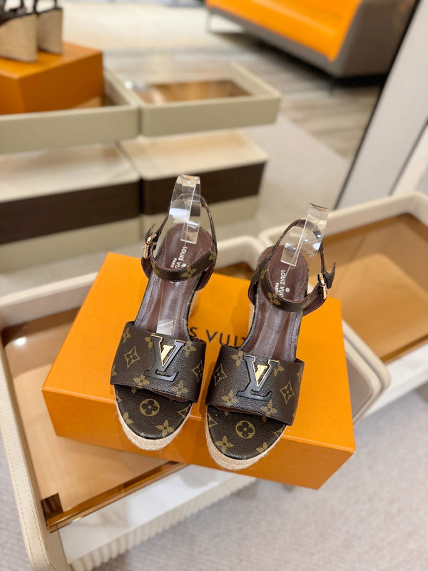 LV Starboard Wedge Sandals Brown Monogram Leather 888646