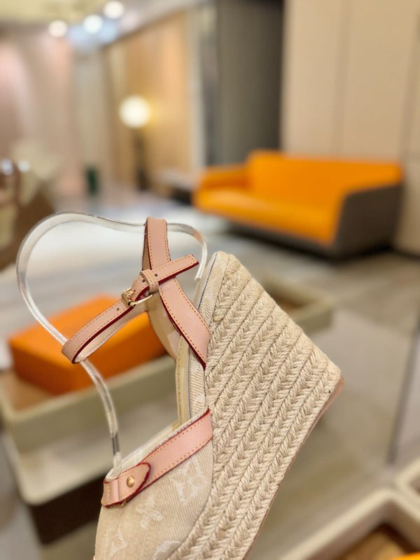 LV Helios Wedge Sandals Cream Monogram Denim & Leather 888644