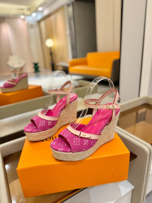 LV Helios Wedge Sandals Pink Monogram Denim & Leather 888643
