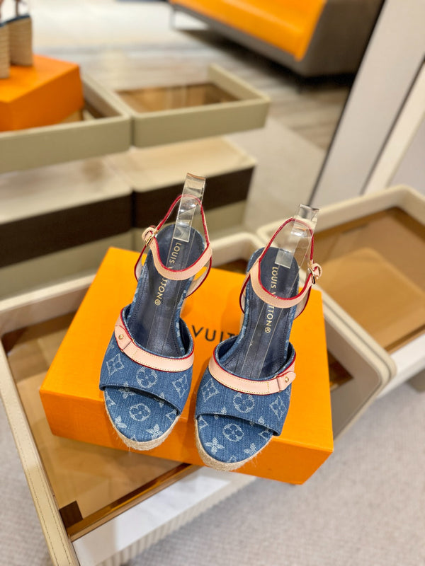 LV Helios Wedge Sandals Blue Monogram Denim & Leather 888642