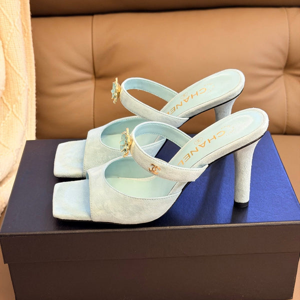 CC 26A Camellia Double C Square Toe Mules 10cm Mint Blue Suede 888705