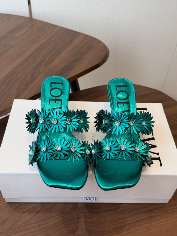 Loew Paula's Ibiza Petal Flower Sandals Metallic Turquoise Leather 889901