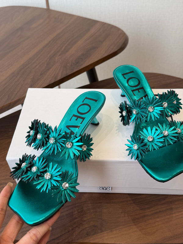 Loew Paula's Ibiza Petal Flower Sandals Metallic Turquoise Leather 889901