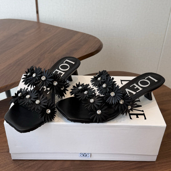 Loew Paula's Ibiza Petal Flower Sandals Black Leather 889899