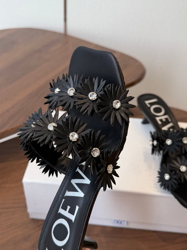 Loew Paula's Ibiza Petal Flower Sandals Black Leather 889899