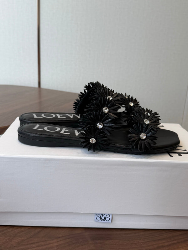 Loew Paula's Ibiza Petal Flower Flat Sandals Black Leather 889891
