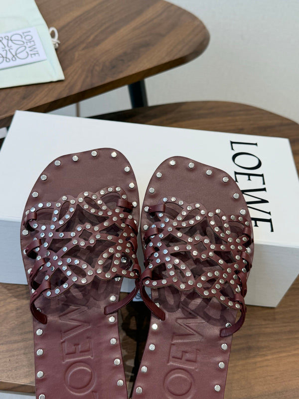 Loew Studded Square Toe Flat Slides Burgundy Leather 889886
