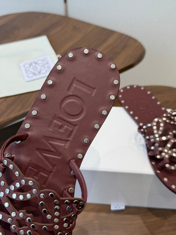 Loew Studded Square Toe Flat Slides Burgundy Leather 889886