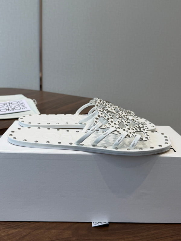 Loew Studded Square Toe Flat Slides White Leather 889887