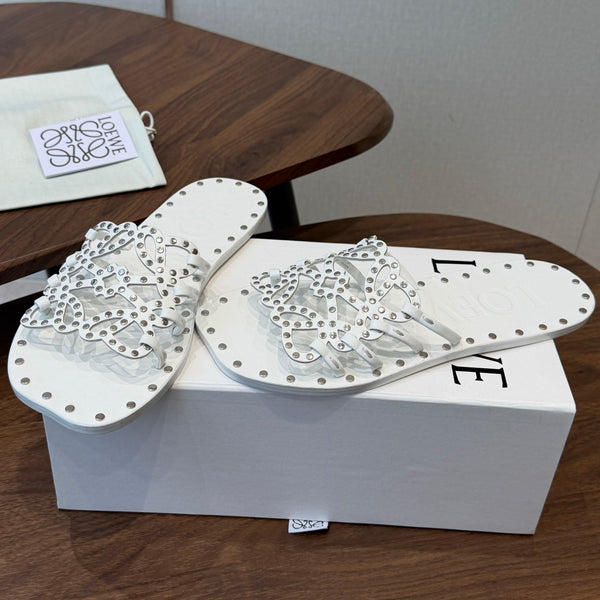 Loew Studded Square Toe Flat Slides White Leather 889887