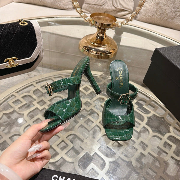 CC 26A Camellia Double C Square Toe Mules 10cm Green Stone-Grain Cowhide 890674