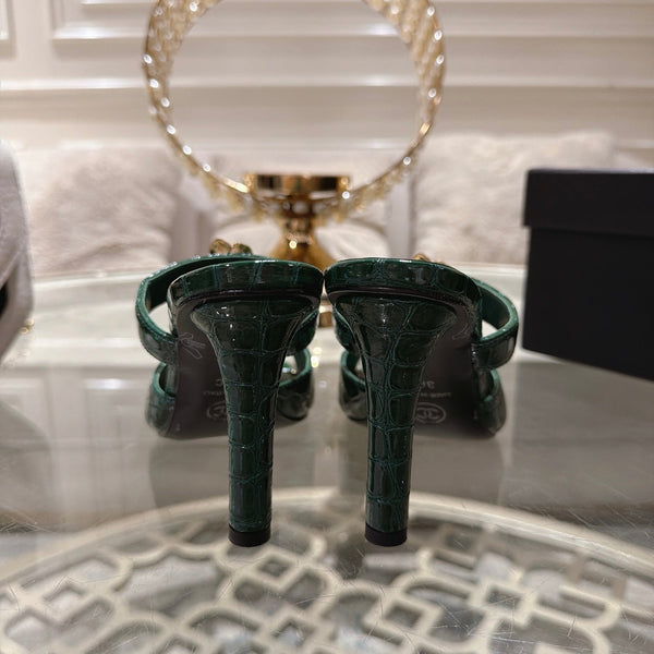 CC 26A Camellia Double C Square Toe Mules 10cm Green Stone-Grain Cowhide 890674
