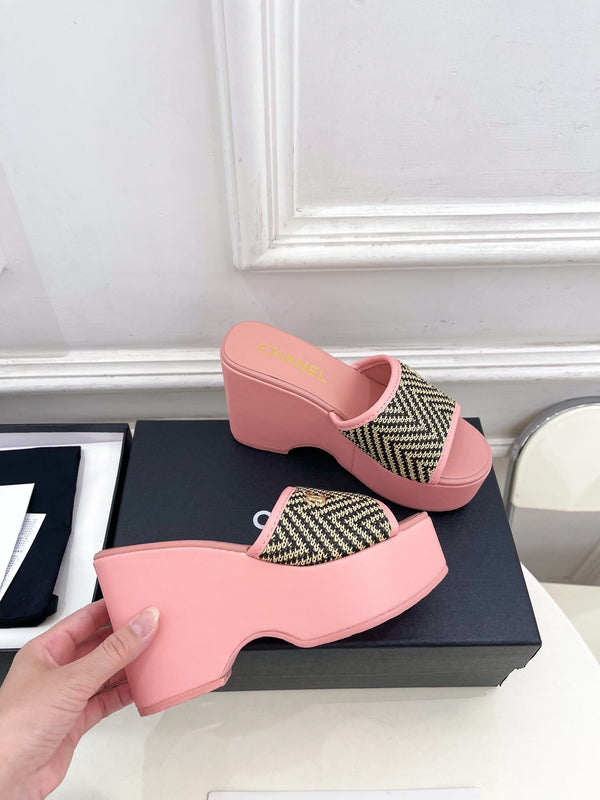 CC Double C Platform Wedge Mules 10cm Pink Tweed 891786
